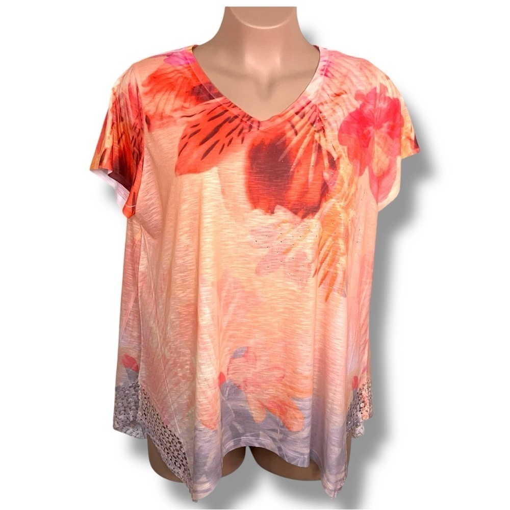 1x Time And Tru Floral Colorful Tee Rhinestone Accent Vneck Tshirt Plus Orange